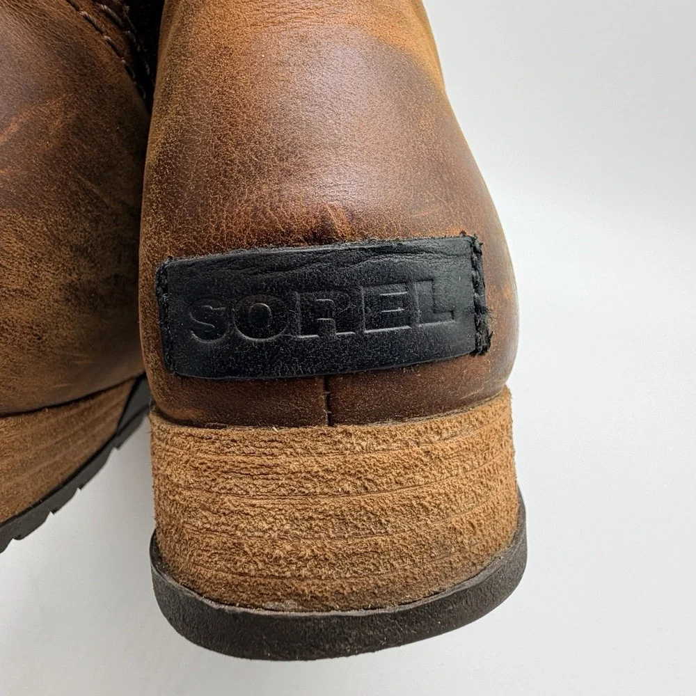 Sorel Boots Women 9.5 Brown Major Pull On Leather Snow Rustic Mid Calf Buckle